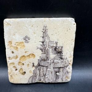 Tile Coaster Travertine Stone Mountain Top Fortress Hot Air Balloon Ships Flying